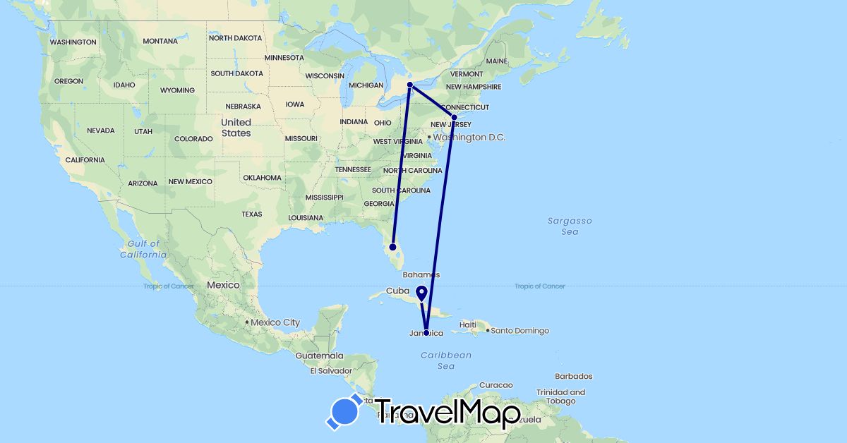 TravelMap itinerary: driving in Canada, Cuba, Jamaica, United States (North America)